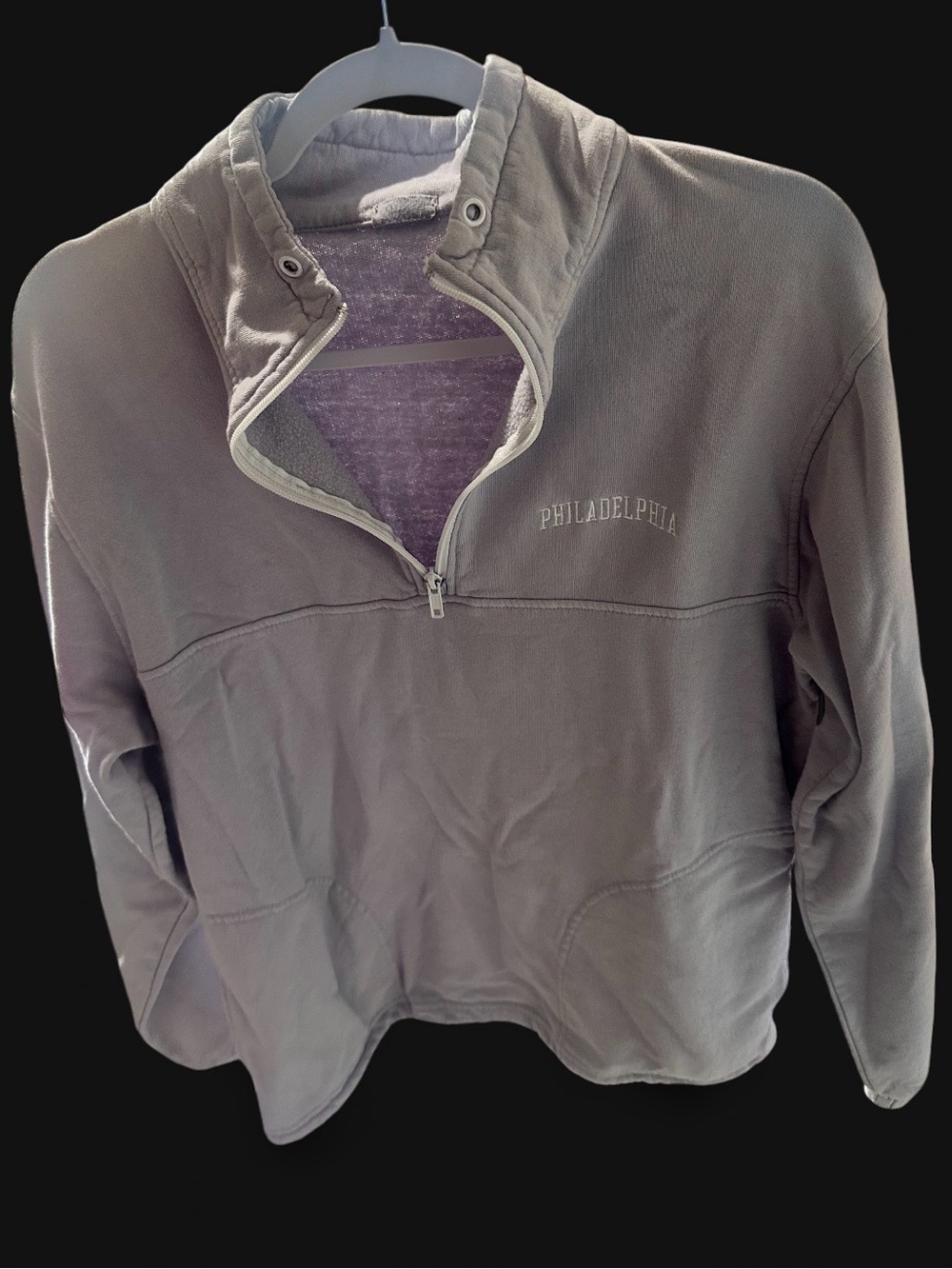 Brandy Melville Light Gray Half-Zip Pullover with 'Philadelphia' Embroidery